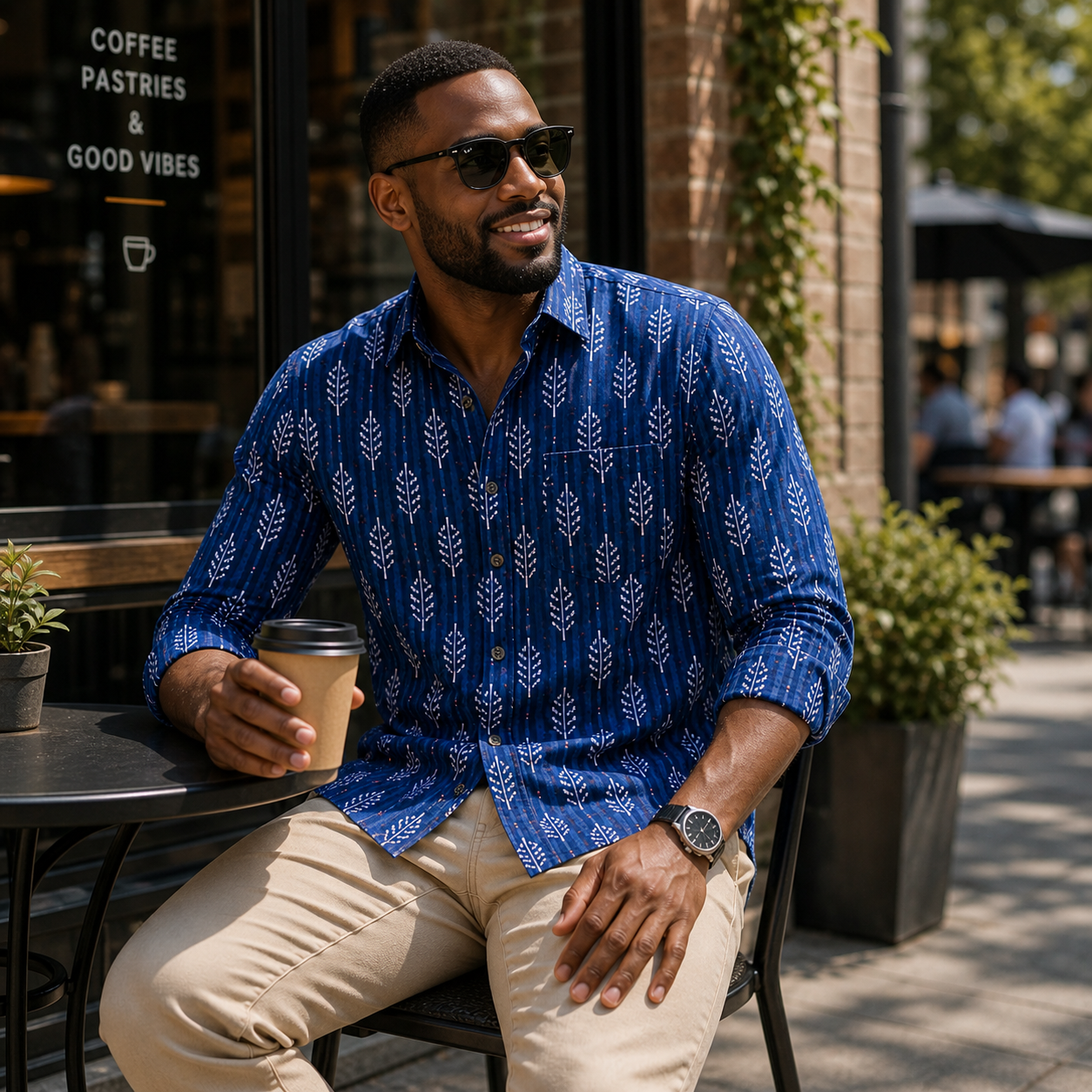 Man in a blue patterned shirt sitting outdoors holding a coffee cup.