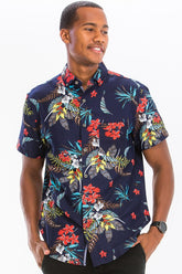Men's Hawaiian Navy Floral Button-Down Shirt | Zarnesh
