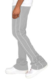 Gray pants with white stripes worn by a person on a white background