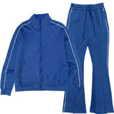 Blue tracksuit with white piping on a white background