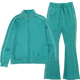 Teal tracksuit with white piping on a white background