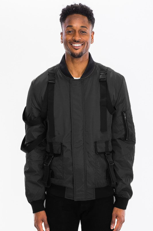 Men's Utility Strap Front Zipper Functional Pockets Jacket | Zarnesh