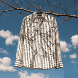 Striped shirt hanging on a tree branch with a blue sky background