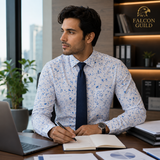 Man sitting at a desk with a laptop and notebook, wearing a patterned shirt and tie, in an office setting with 'Falcon Guild' branding.