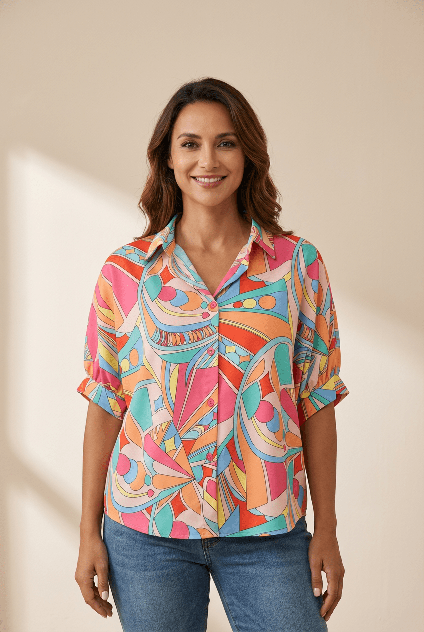 Woman wearing a colorful patterned shirt against a beige background