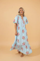 Notched Neck Flutter Sleeve Floral Maxi Dress | Zarnesh