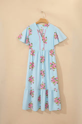 Notched Neck Flutter Sleeve Floral Maxi Dress | Zarnesh