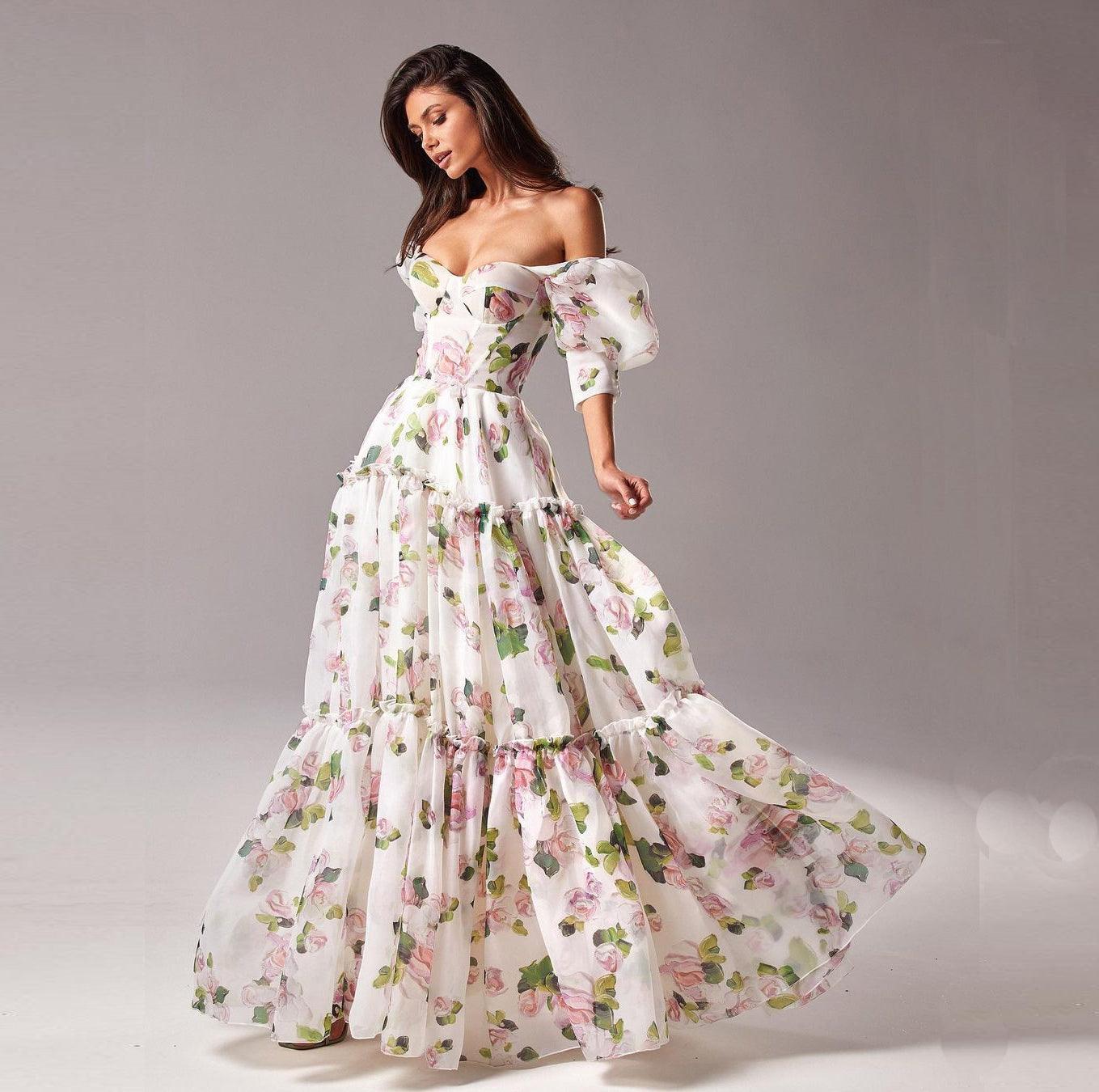 Off Shoulder Floral A Line Midi Dress | Zarnesh