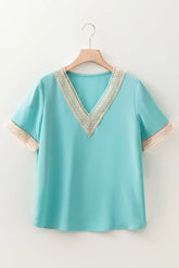 Petal V-Neck Lace Trim Short Sleeve Blouse | Zarnesh