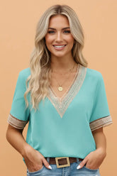 Petal V-Neck Lace Trim Short Sleeve Blouse | Zarnesh