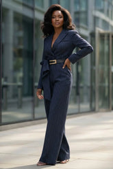Pinstripe Blazer Belted Tailored Jumpsuit | Zarnesh