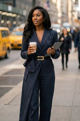 Pinstripe Blazer Belted Tailored Jumpsuit | Zarnesh