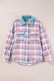 A pink and blue plaid button-up flannel shirt with a contrasting light blue fleece collar, laid flat on a beige background.