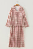 Dusty pink and red plaid pajama set with a long skirt on a hanger.