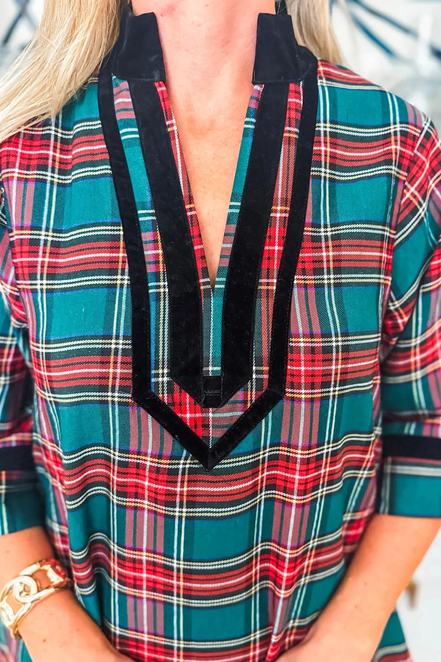 Plaid Velvet Trim Mini Dress with Pockets | Zarnesh