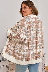 Women’s Plus Size Button Front Plaid Ribbed Trim Cardigan | Zarnesh