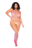 Woman wearing a pink bodysuit with fishnet stockings on a white background