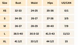 A size chart table showing measurements for sizes XS through XL, with columns for Size, Bust, Waist, Hips, and US/CAN.