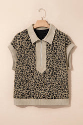 Plus Size Leopard Quarter-Zip Ribbed Collar Top | Zarnesh