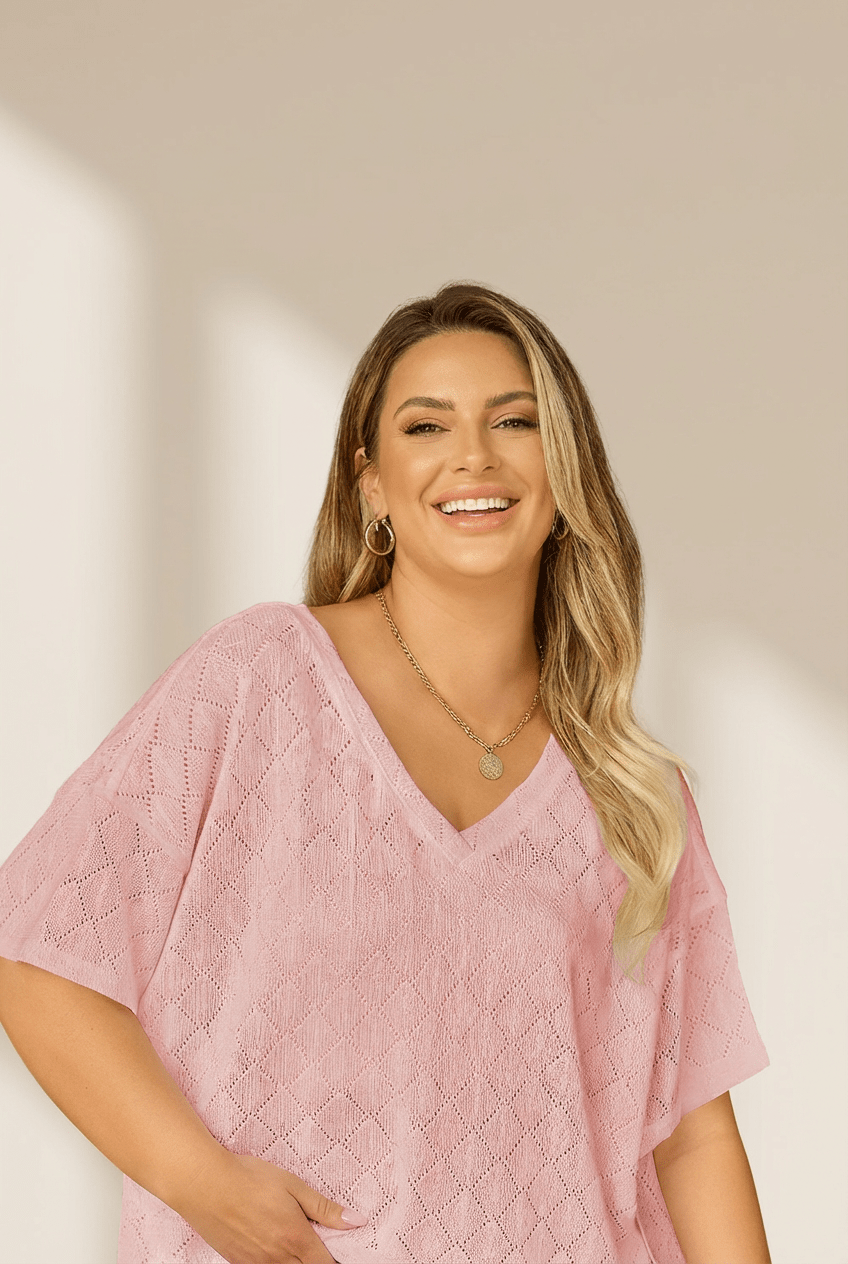 Plus Size Pointelle Rhombus Knit V Neck Top | Zarnesh
