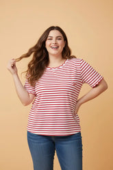 Plus Size Striped Trim Round Neck Scalloped Top | Zarnesh