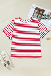 Plus Size Striped Trim Round Neck Scalloped Top | Zarnesh