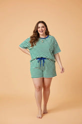 Plus Size Stripe Boxy Tee Drawstring Short Set | Zarnesh