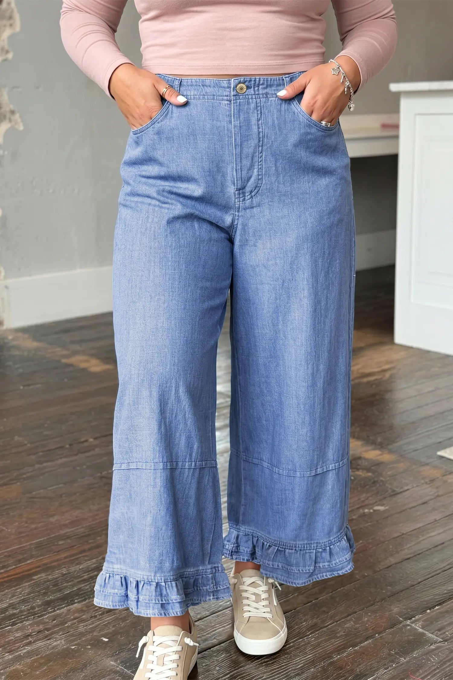 Plus Wide Leg Ruffle Hem Chambray Pants | Zarnesh