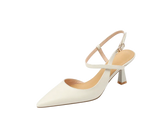 White high-heeled shoe with a slingback design on a white background