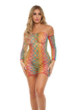Model wearing a colorful fishnet dress on a white background