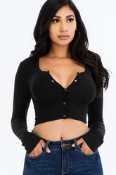 Women Ribbed Scoop Long Sleeve Snap Button Fitted Crop Top Zarnesh