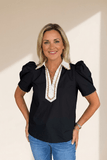 Ricrac Trim Puff Sleeve Patchwork Blouse | Zarnesh