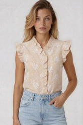 Ruffled Floral Embossed V-Neck Sleeveless Blouse | Zarnesh