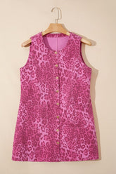 Sleeveless Leopard Denim Buttoned Shift Dress | Zarnesh