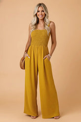 Sleeveless Smocked Wide Leg Jumpsuit with Pockets | Zarnesh