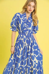 Smocked Abstract Puff Sleeve Waist Maxi Dress | Zarnesh