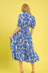 Smocked Abstract Puff Sleeve Waist Maxi Dress | Zarnesh