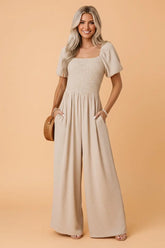 Smocked Bubble Short Sleeve Wide Leg Jumpsuit | Zarnesh