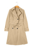 Beige trench coat on a hanger against a white background