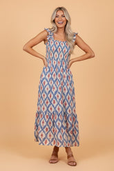 Square Neck Geometric Smocked Ruffle Dress | Zarnesh