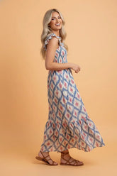 Square Neck Geometric Smocked Ruffle Dress | Zarnesh