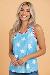Star Print Round Neck Striped Trim Tank Top | Zarnesh