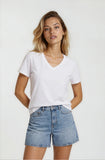 Woman wearing a white t-shirt and denim shorts on a plain background