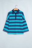 Navy blue and turquoise striped long-sleeve polo shirt on wooden hanger.