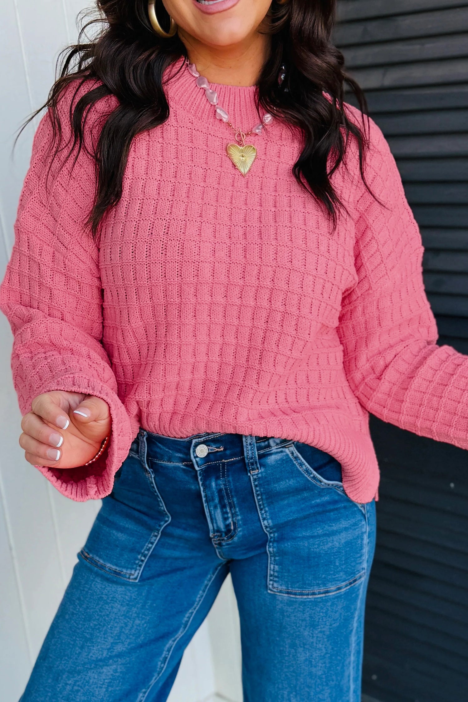 Textured Drop Shoulder Long Sleeve Knit Sweater | Zarnesh