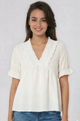 V-Neck Dot Ruffle Lace Trim Blouse | Zarnesh