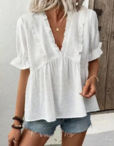 V-Neck Dot Ruffle Lace Trim Blouse | Zarnesh