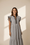 V Neck Stripe Contrast Flutter Sleeve Dress | Zarnesh