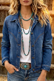 Woman wearing blue denim jacket with layered turquoise necklaces