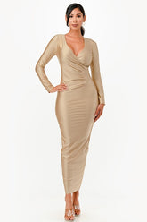 Women Long Sleeve Full Length Shiny Tricot Overlap Long Dress Zarnesh
